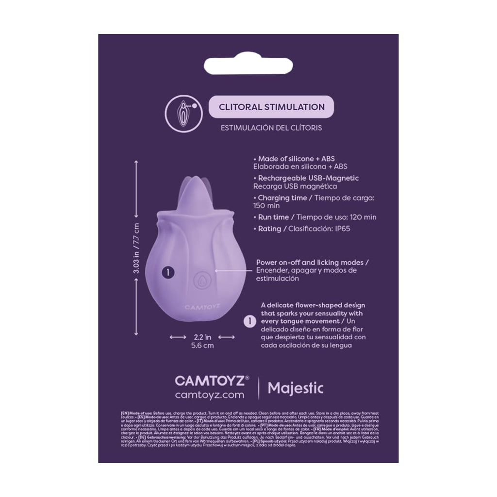 Vibrador con lengua de la marca Camtoyz, diseño compacto y realista para placer íntimo, en color morado.