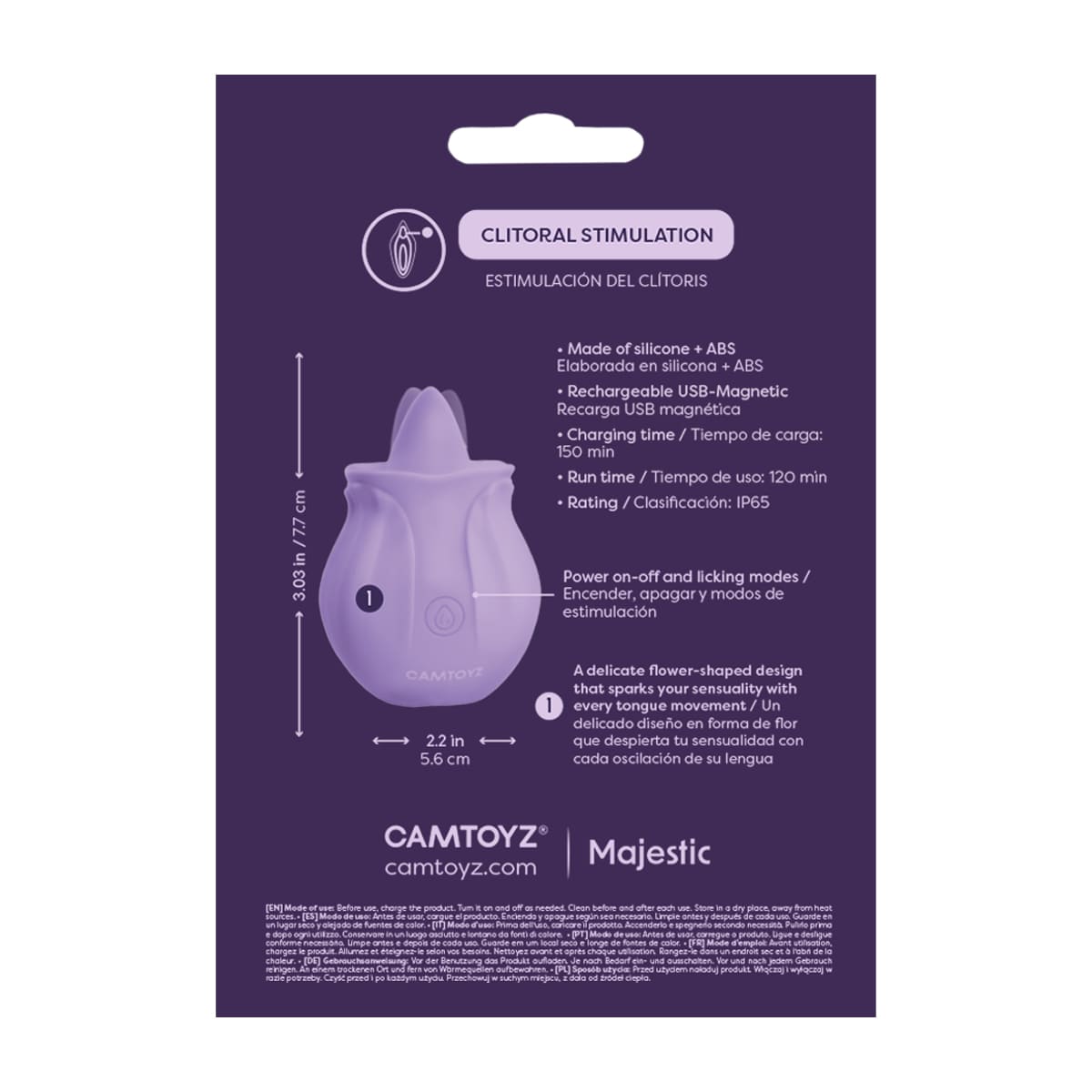 Vibrador con lengua de la marca Camtoyz, diseño compacto y realista para placer íntimo, en color morado.