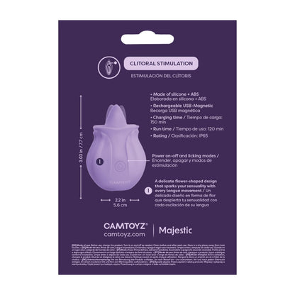 Vibrador con lengua de la marca Camtoyz, diseño compacto y realista para placer íntimo, en color morado.
