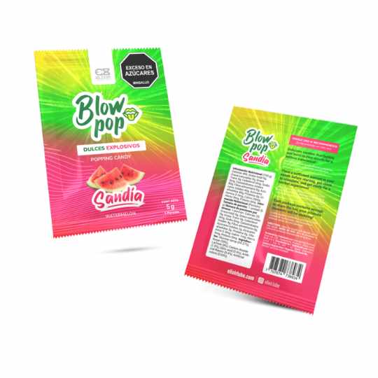 Elixir Blow Pop Elixir para uso oral, botella con líquido transparente y etiqueta azul, en primer plano.