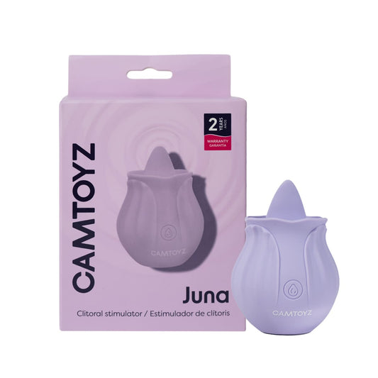 Vibrador con lengua de Camtoyz, cuerpo en silicona rosa, diseñado para estimulación íntima, con textura suave y detalles realistas.