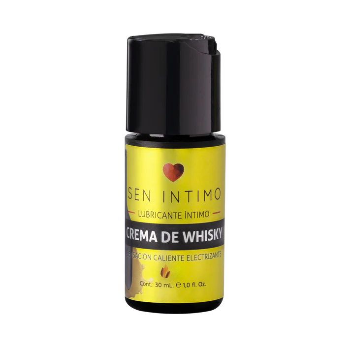 Crema lubricante de whisky Sen íntimo, botella de 30 ml, con envase transparente y tapa negra.