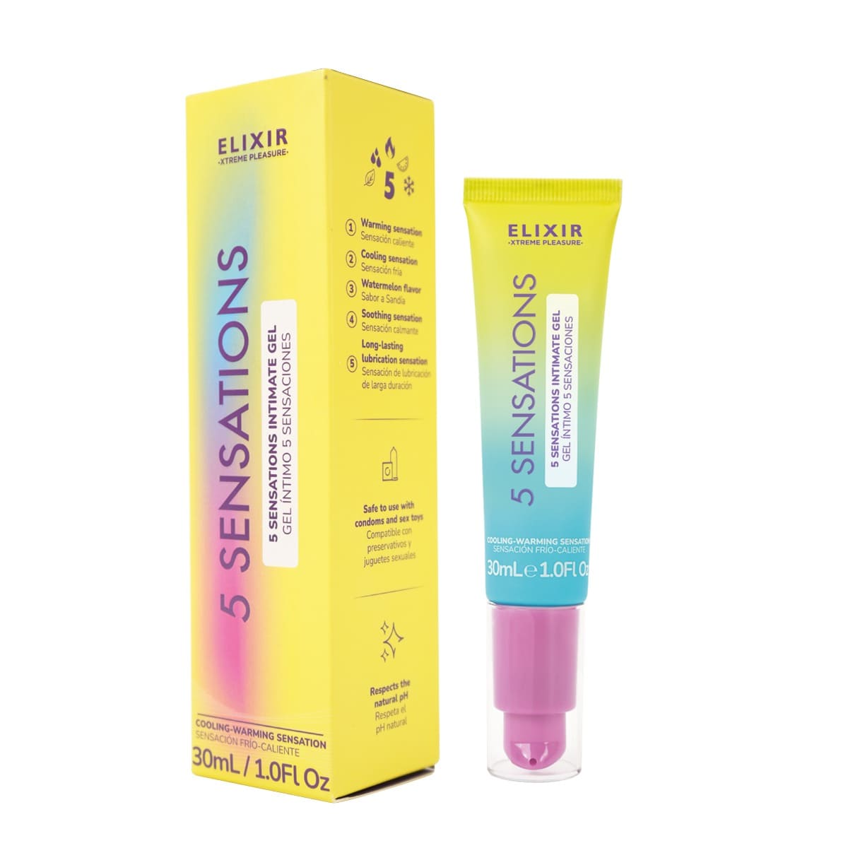 Lubricante Distrisex 5 Sensaciones en botella, muestra el envase con etiqueta y texto en color, ideal para uso íntimo.