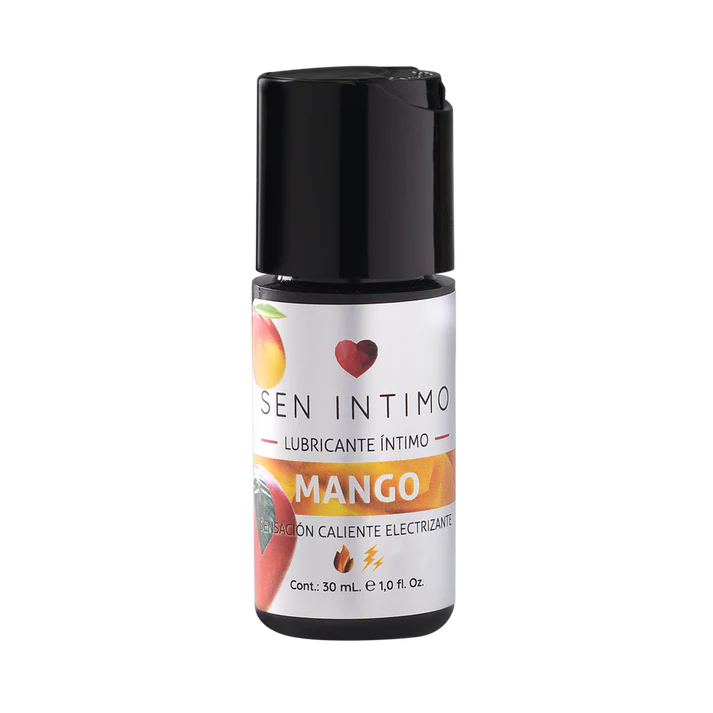 Lubricante íntimo Electrizante Mango Sen Íntimo en frasco de 30 ml, con textura y aroma a mango natural.