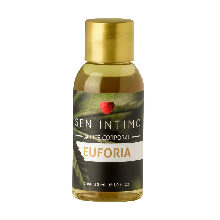 Aceite Euforia X de Sen íntimo, frasco de 30 ml, con gotas transparentes en envase de plástico.