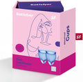 Set de 2 copas menstruales Satisfyer para gestión menstrual, hechas de silicona suave y flexible para comodidad y protección.