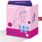 Set de 2 copas menstruales Satisfyer para gestión menstrual, hechas de silicona suave y flexible para comodidad y protección.