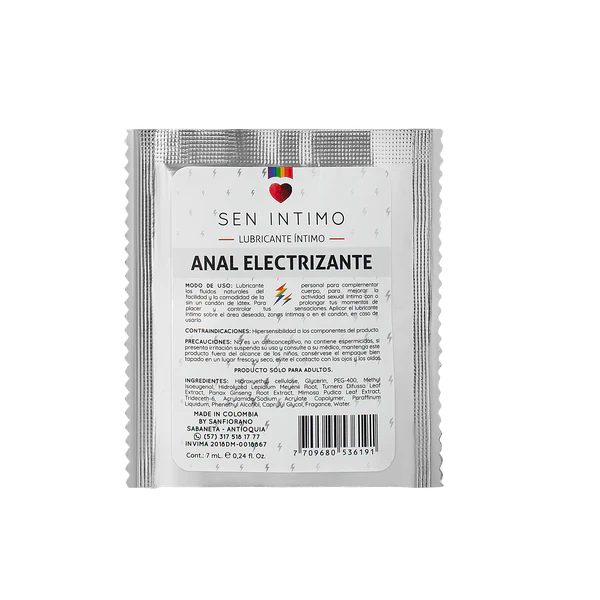 Lubricante íntimo anal electrizante de la marca Sen íntimo en sachet, accesorio para mayor comodidad y placer.
