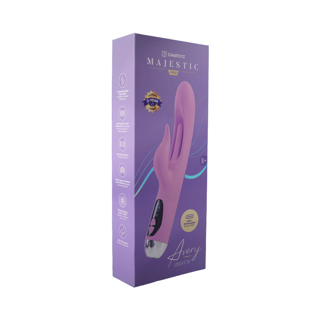 Vibrador Camtoyz Avery Majestic Pro en forma de conejo con detalles realistas y colores vibrantes, ideal para placer íntimo.