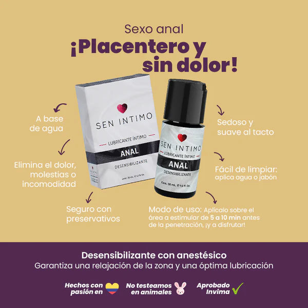Accesorios desensibilizante anal de la marca Sen Íntimo, muestra beneficios y uso en un entorno íntimo y cómodo.