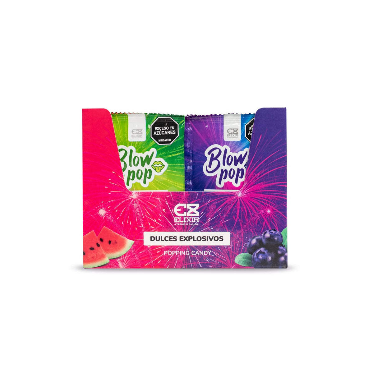 Caramelo Blow Pop Elixir, dulce y colorido, con envoltorio brillante, ideal para disfrutar en cualquier momento.