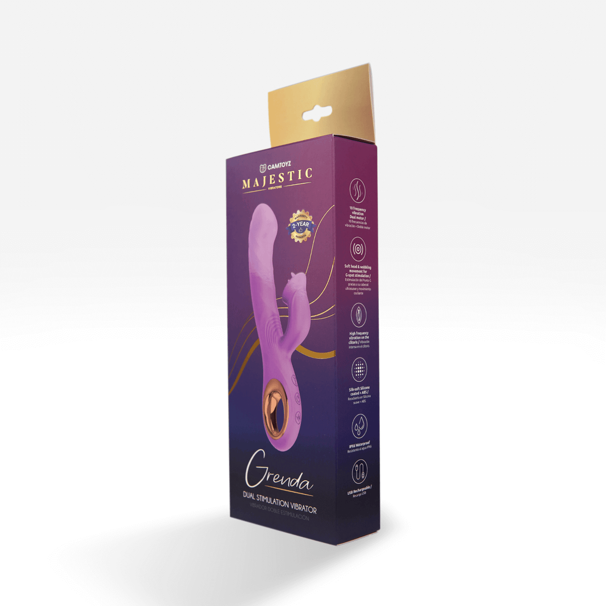 Vibrador de conejito Distrisex Majestic en caja, diseñado para estimular y placer, con detalles visibles en la imagen.