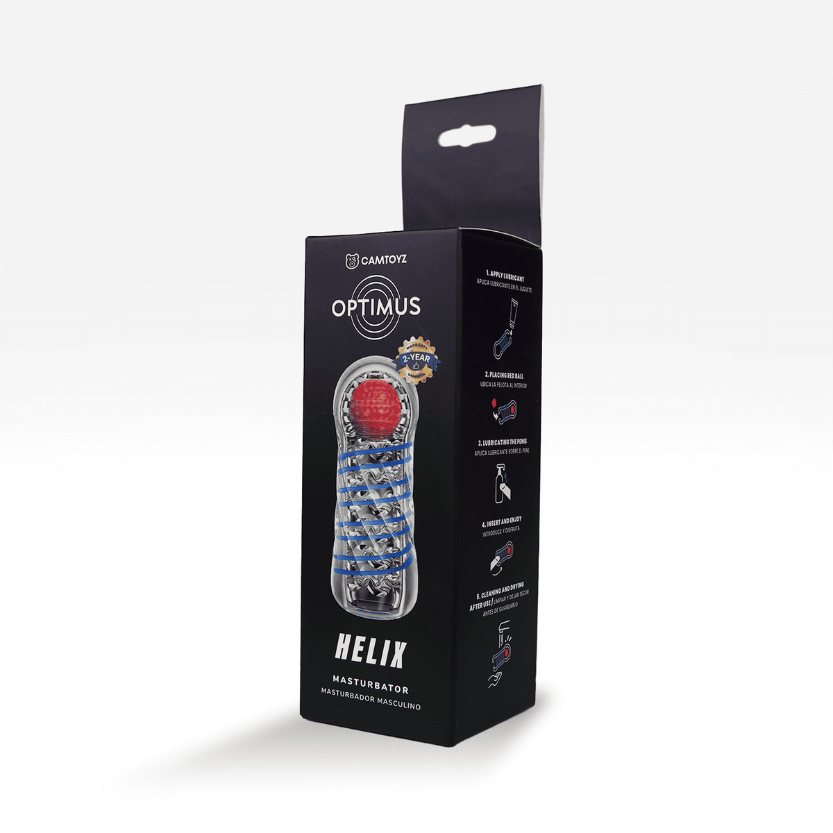 Caja de masturbador masculino Helix de la marca Distrisex, vista lateral derecha, muestra el empaque del producto.