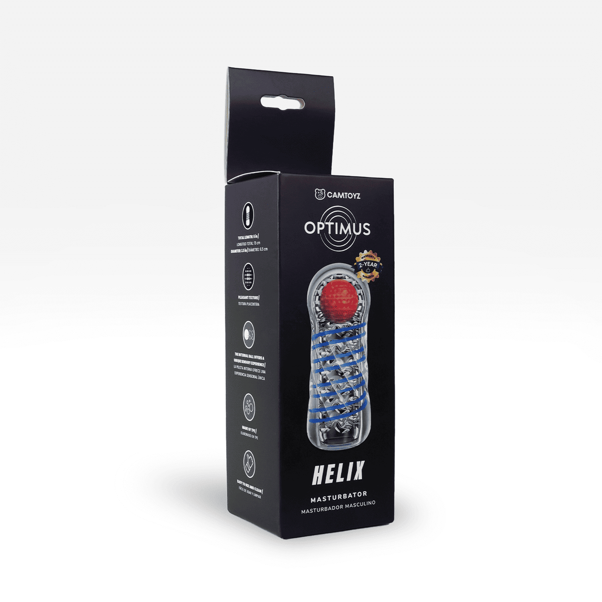 Caja de masturbadora masculina Helix de Distrisex, vista lateral izquierda, muestra detalles de la funda y empaque del producto.