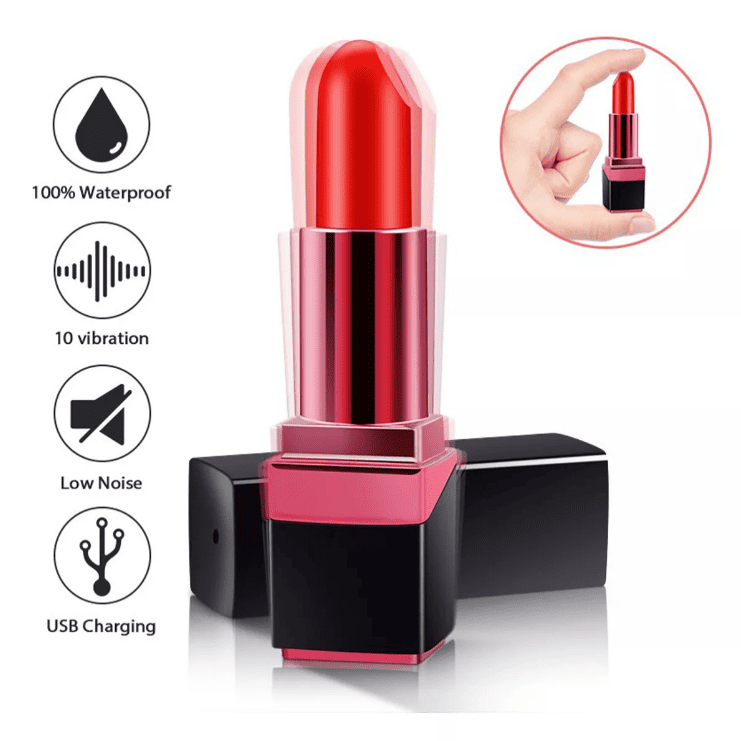 Lápiz labial vibrador estimulador de clítoris Frenesí, recargable por USB, en colores vibrantes y diseño compacto.