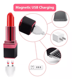 Lápiz labial vibrador estimulador de clítoris Frenesí recargable por USB, en color rosa con detalles elegantes.