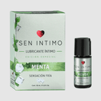 Lubricante menta de la marca Sen Íntimo, frasco con líquido transparente y tapa, ideal para uso personal y sensual.