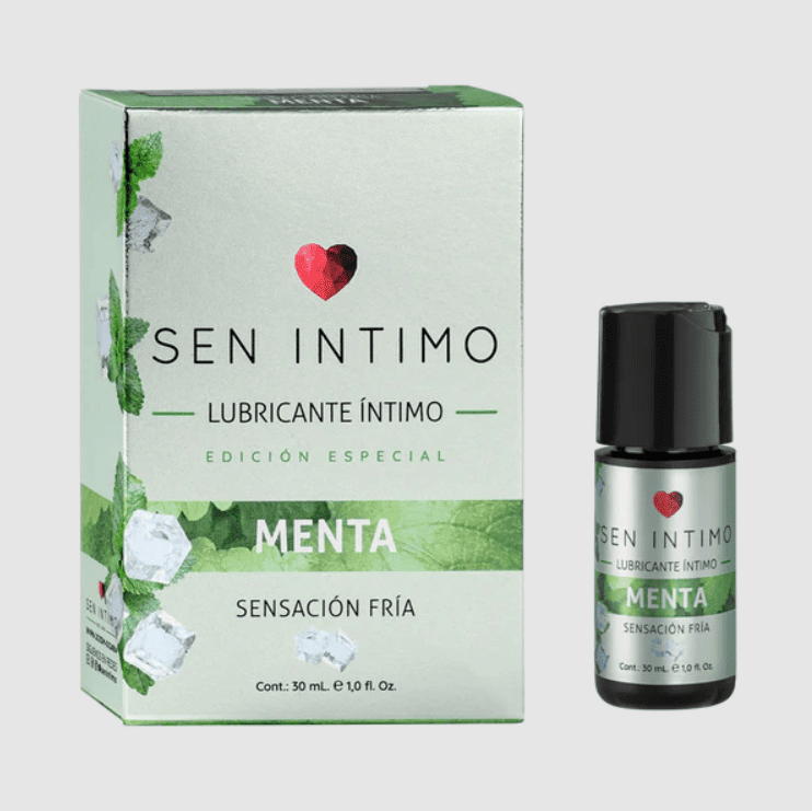 Lubricante menta de la marca Sen Íntimo, frasco con líquido transparente y tapa, ideal para uso personal y sensual.