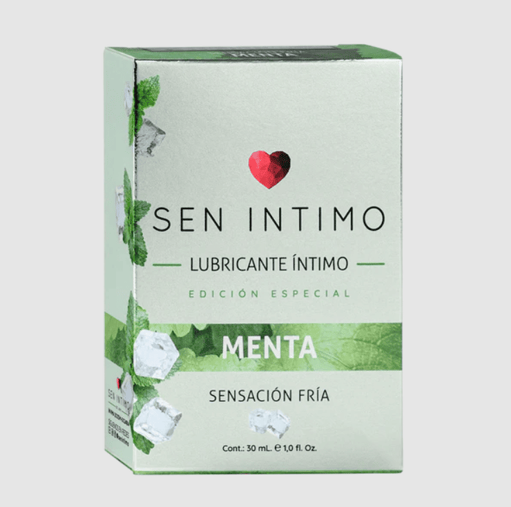 Lubricante menta de la marca Sen Íntimo en envase con botella de lubricante para uso íntimo y frescura de menta.