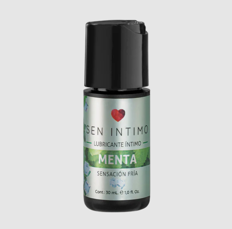Lubricante de menta de la marca Sen íntimo en envase transparente, con etiqueta y textura suave visible en la imagen.