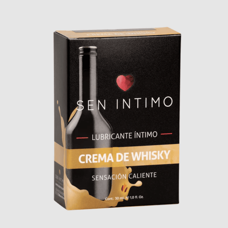 Lubricante caliente con crema de whisky de la marca Sen íntimo, ideal para uso íntimo y sensaciones cálidas.