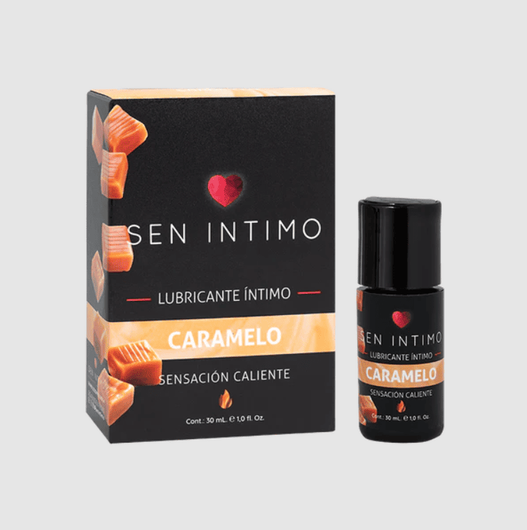Lubricante caliente sabor a caramelo Sen íntimo, gel íntimo para mayor comodidad y placer, envase visible en la imagen.