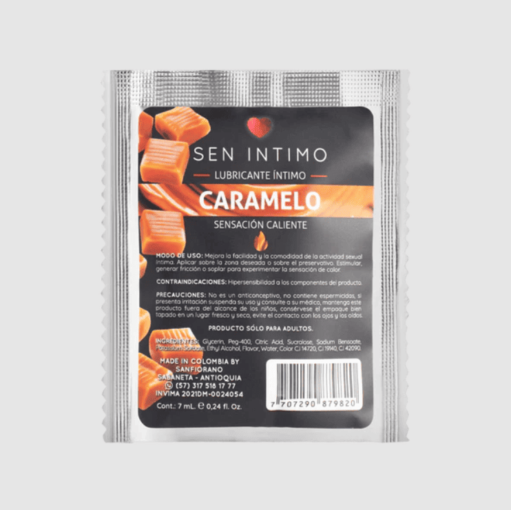 Lubricante íntimo caliente sabor a caramelo de la marca Sen Íntimo, con textura suave y efecto cálido para mayor comodidad.