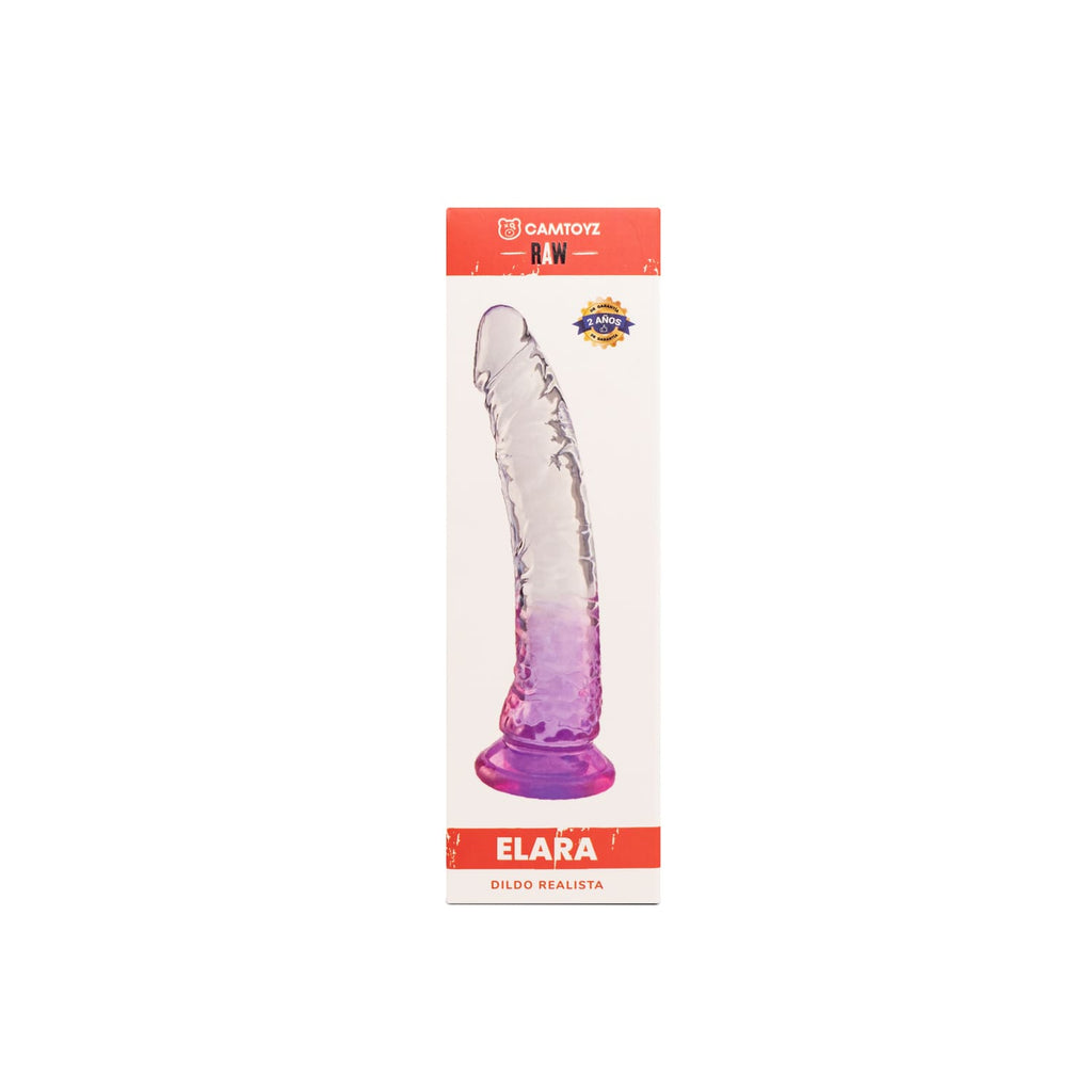 Dildo realista Elara de Camtoyz, 20.5 cm, de color morado, con textura detallada y forma anatómica para uso íntimo.