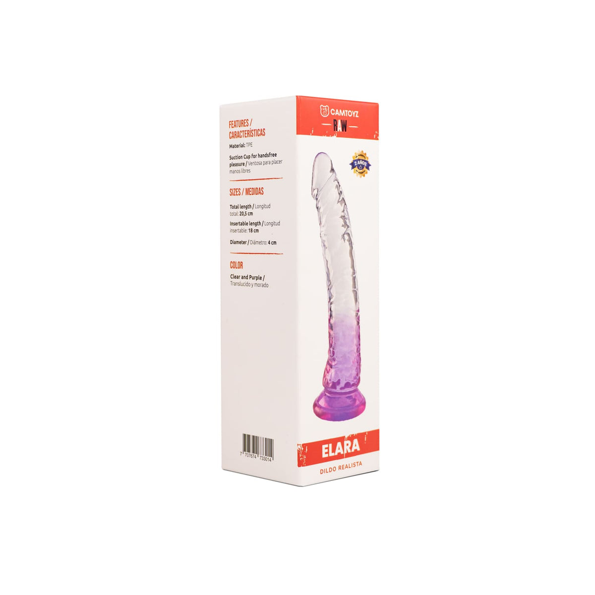 Dildo realista Elara de 20.5 cm de color morado de la marca Camtoyz, con forma anatómica y detalles realistas.