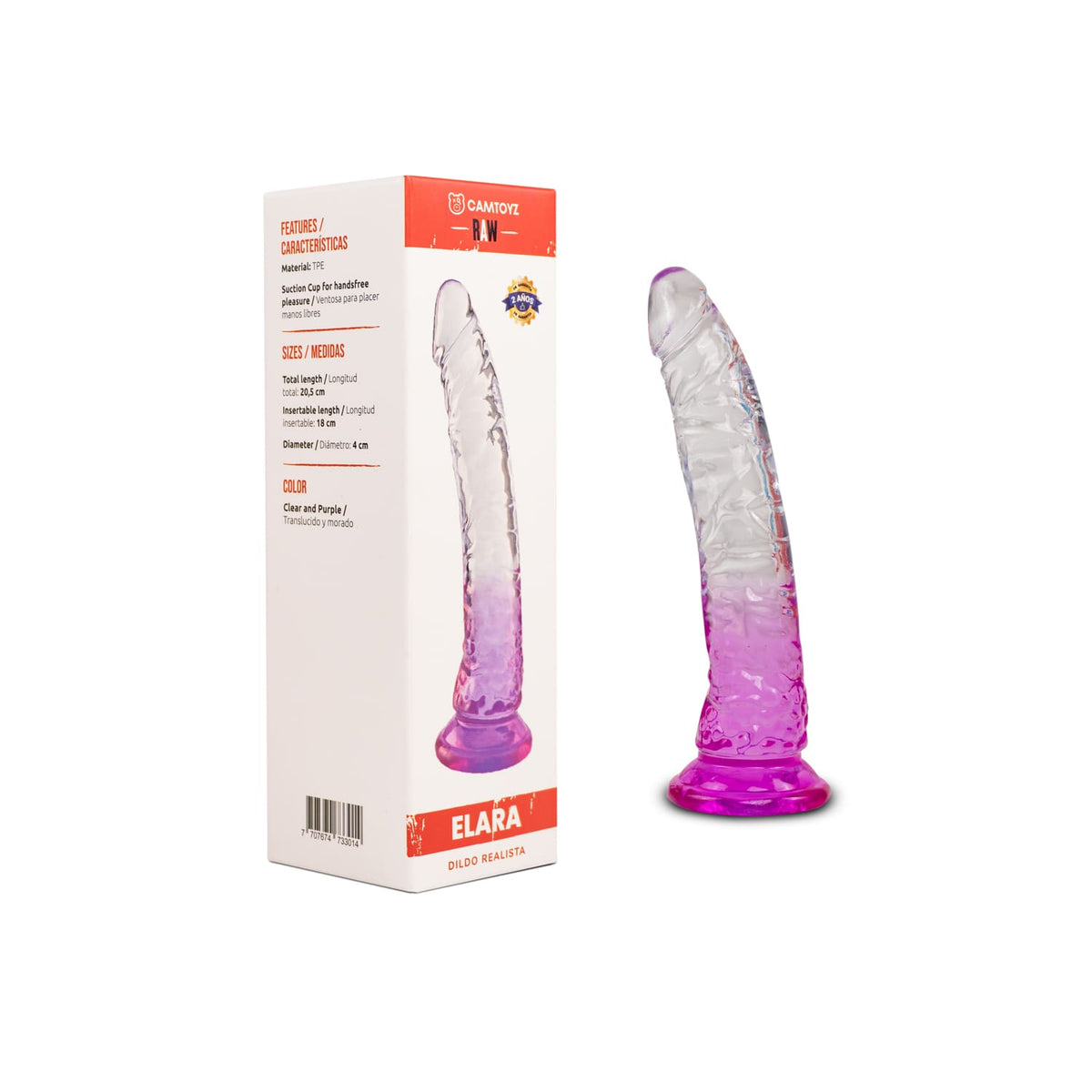 Dildo realista Morado Elara de 20.5 cm de la marca Camtoyz, con forma anatómica y detalles realistas para uso íntimo.