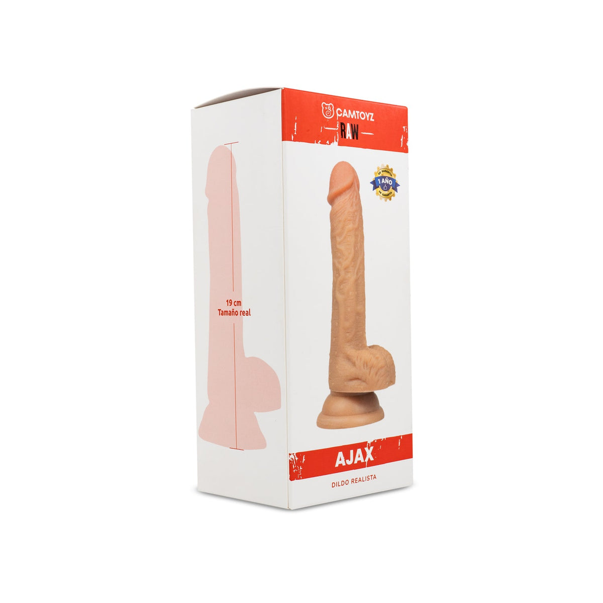 Dildo realista Camtoyz Ajax de 19 cm, con detalles anatómicos, diseñado para uso íntimo en colores naturales.