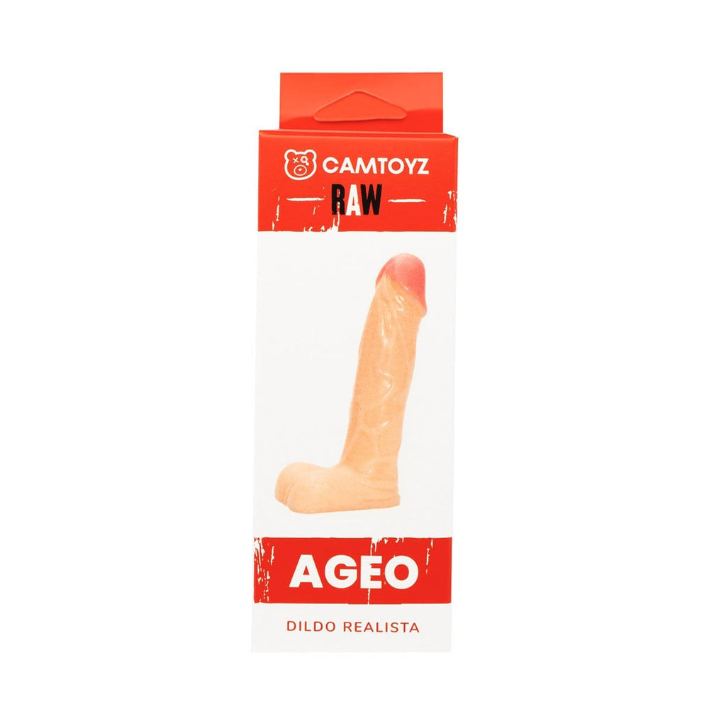 Dildo realista Ageo de 12 cm de la marca Juguito de Calzón, muestra el empaque y detalles del producto.