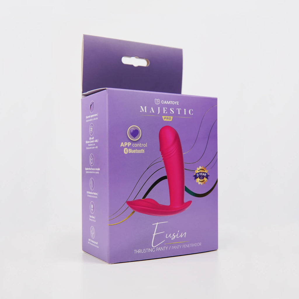 Vibrador para panties Camtoyz Eusin Majestic con doble estimulación y control por app, en color morado, diseño ergonómico.