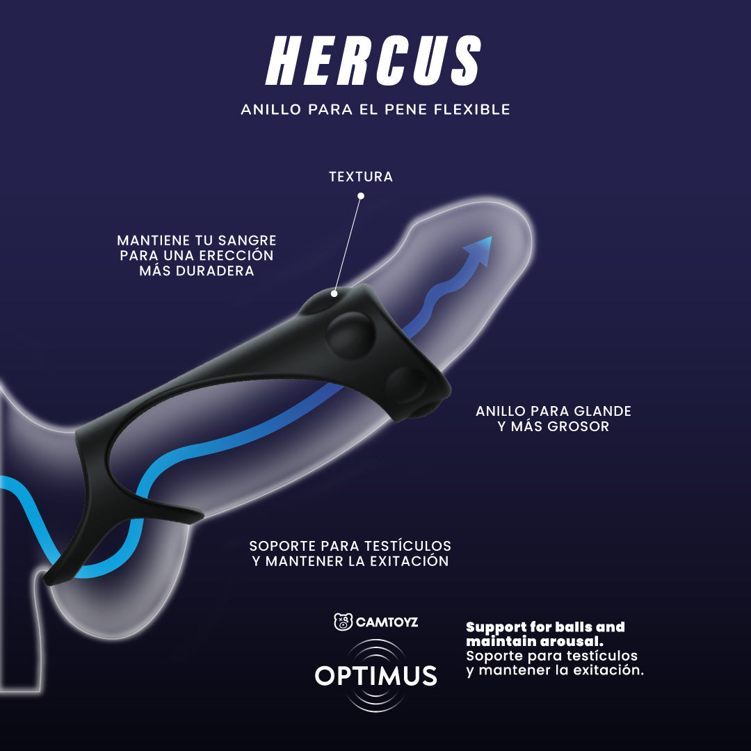 Anillo para pene Camtoyz Hercus en silicona, muestra la ficha técnica en una imagen con detalles del producto.