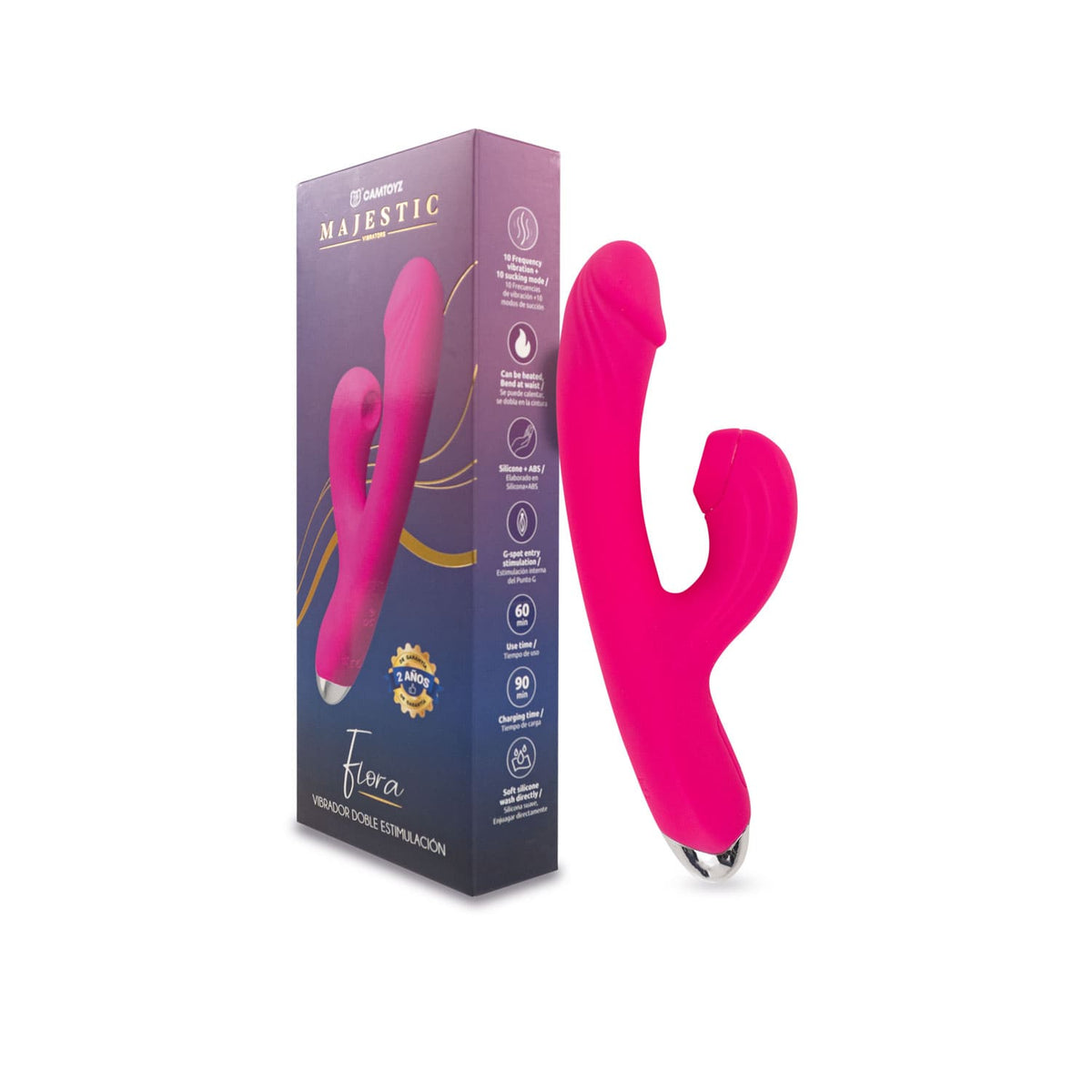 Vibrador doble de estimulación en forma de conejo de la marca Camtoyz, con diseño floral y textura suave.