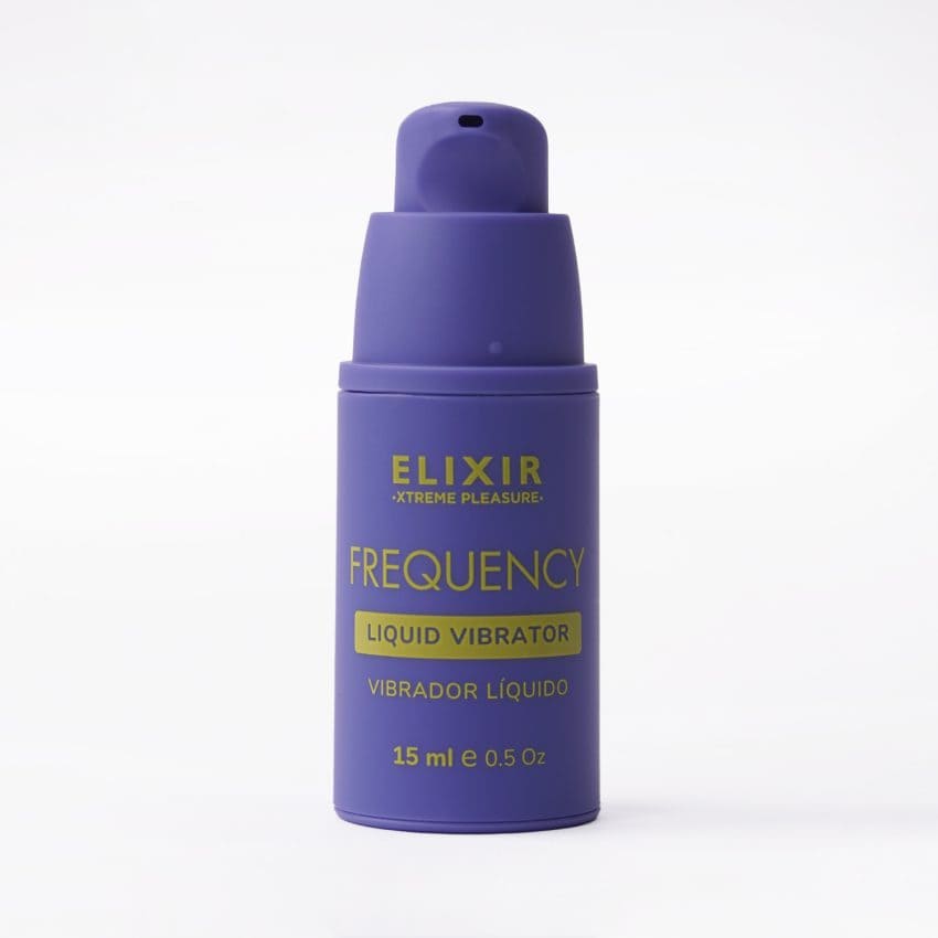 Lubricante líquido Frequency de la marca Elixir en envase transparente, ideal para uso íntimo, con etiqueta visible en la imagen.