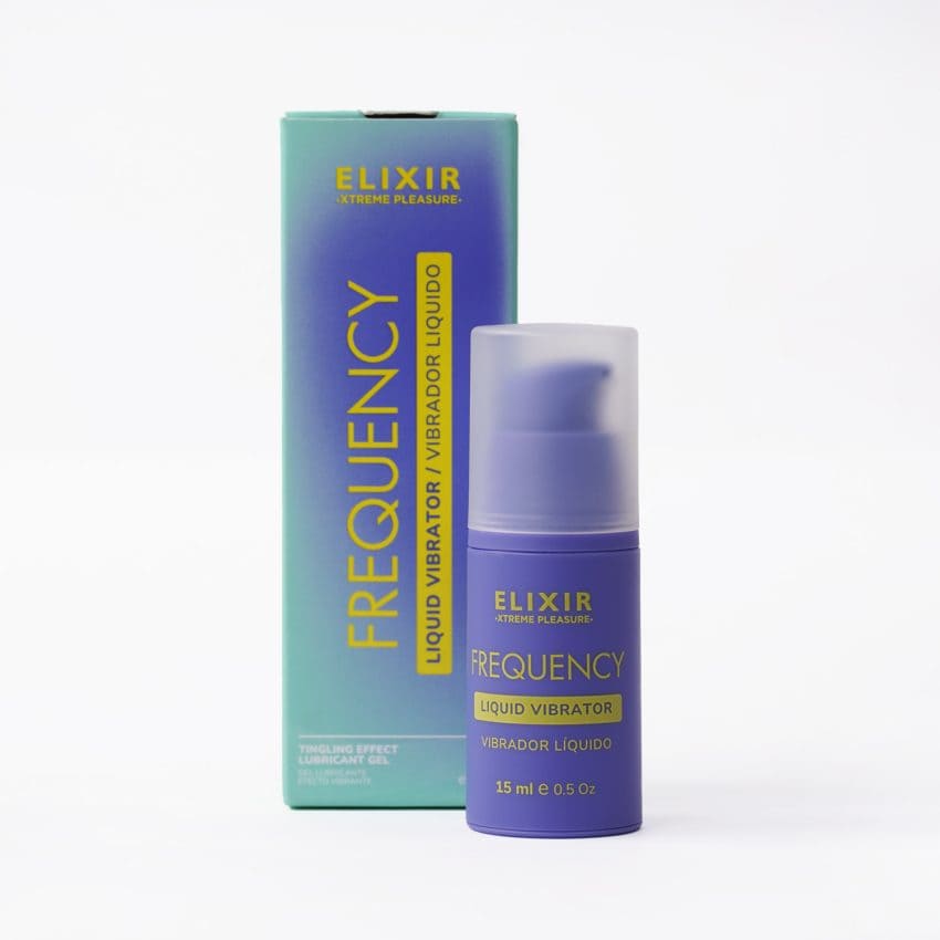 Lubricante líquido Frequency de la marca Elixir, botella con envase de lubricante íntimo para uso personal.