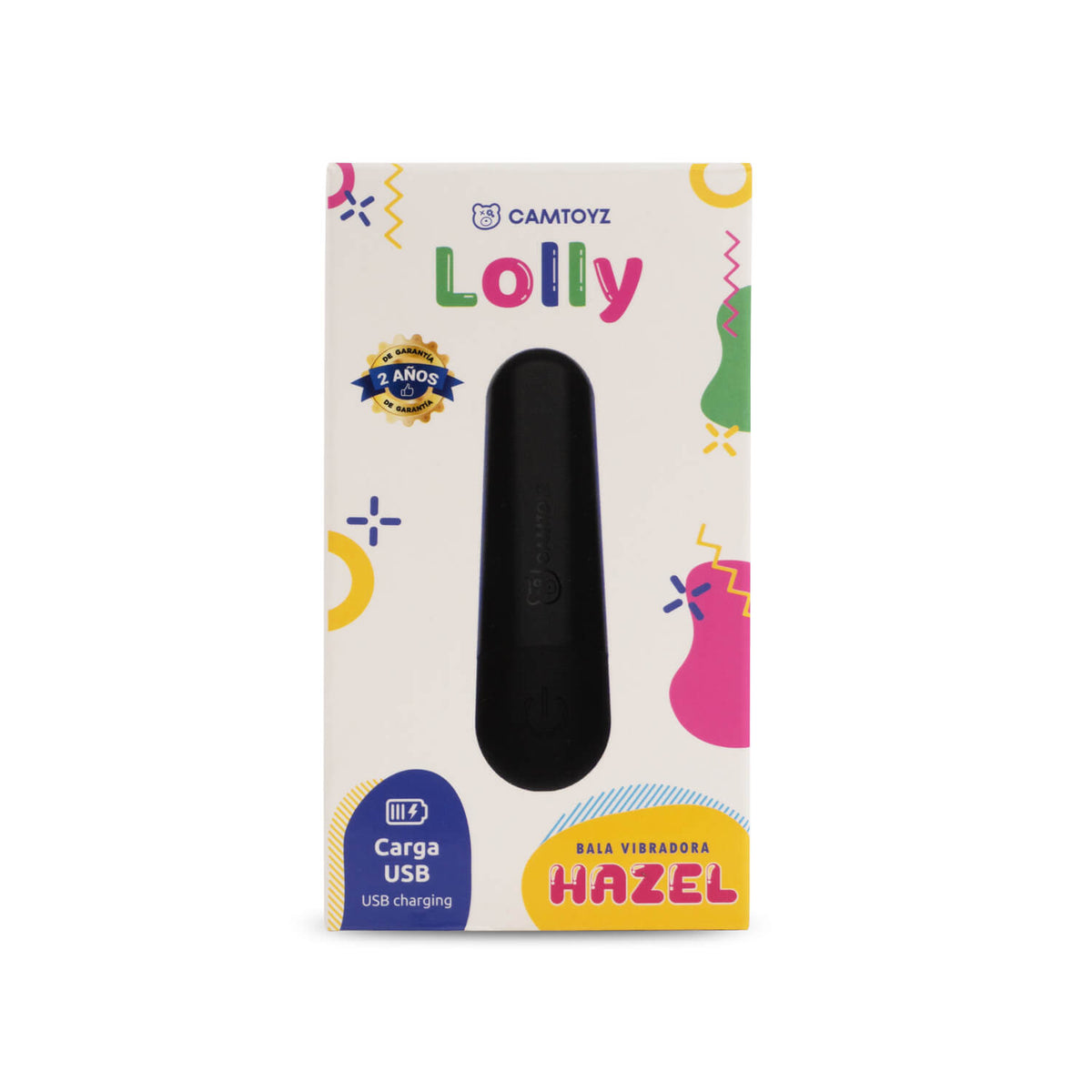 Vibrador Hazel Lolly de Camtoyz en su caja, vista frontal, con forma de dulce y diseño colorido para placer personal.