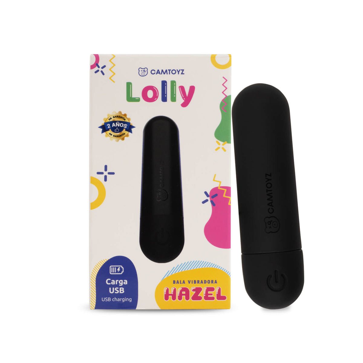 Vibrador Hazel Lolly de la marca Camtoyz, en su caja, con forma de dulce y diseño ergonómico para placer íntimo.
