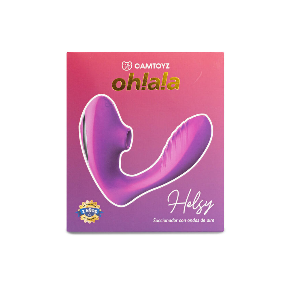 Vibrador y succionador Helsy de Distrisex, dispositivo de placer con diseño compacto y funciones múltiples, en color blanco.