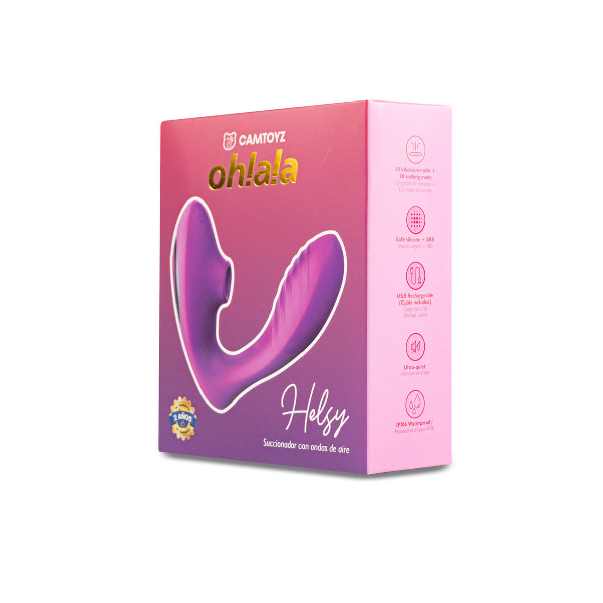 Vibrador y succionador Helsy de Distrisex, con diseño ergonómico y colores vibrantes, para placer y estimulación íntima.