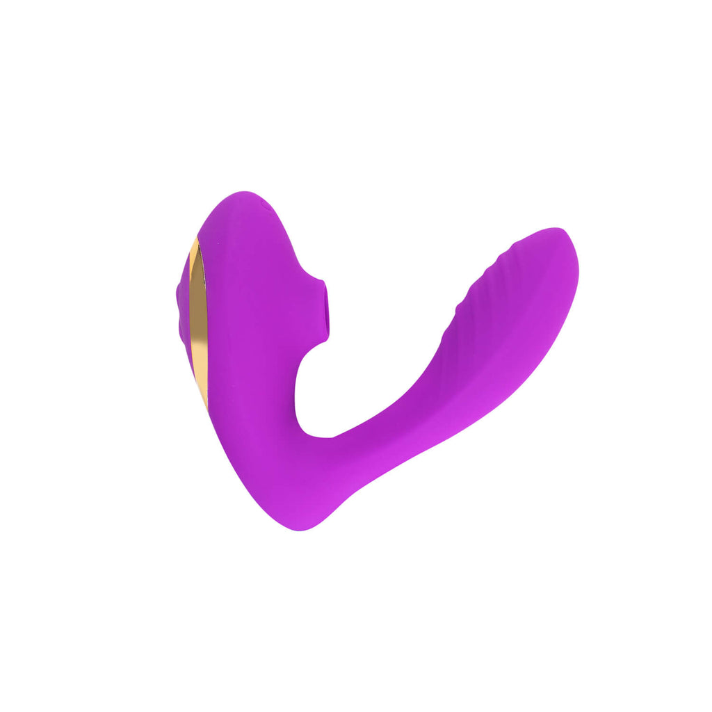 Vibrador y succionador Helsy de Distrisex, en color rosa, con diseño ergonómico y detalles suaves para placer y estimulación.