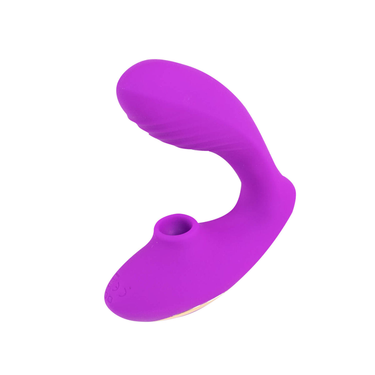 Vibrador y succionador Helsy de Distrisex, diseño compacto y elegante, mostrando sus funciones y controles en la imagen.