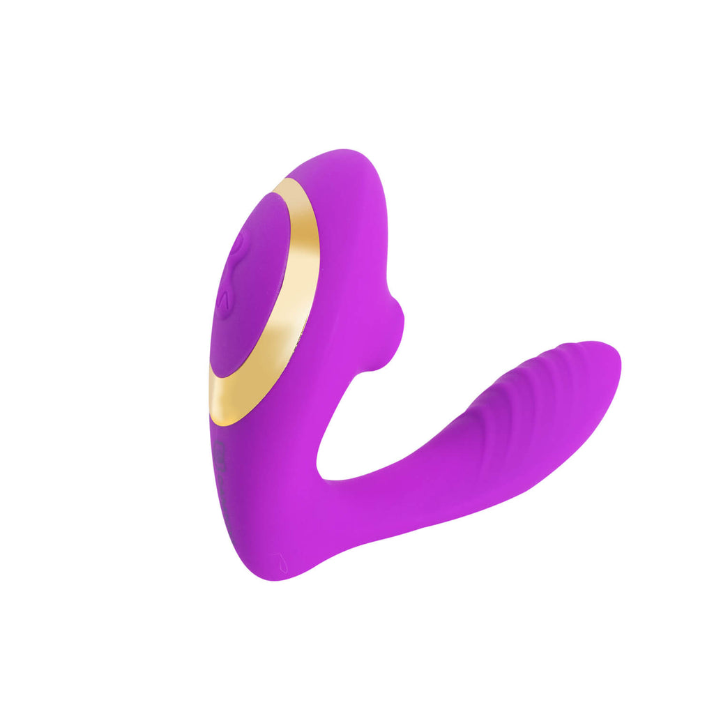 Vibrador y succionador Helsy de Distrisex, con diseño ergonómico y colores vibrantes, para placer y estimulación íntima.