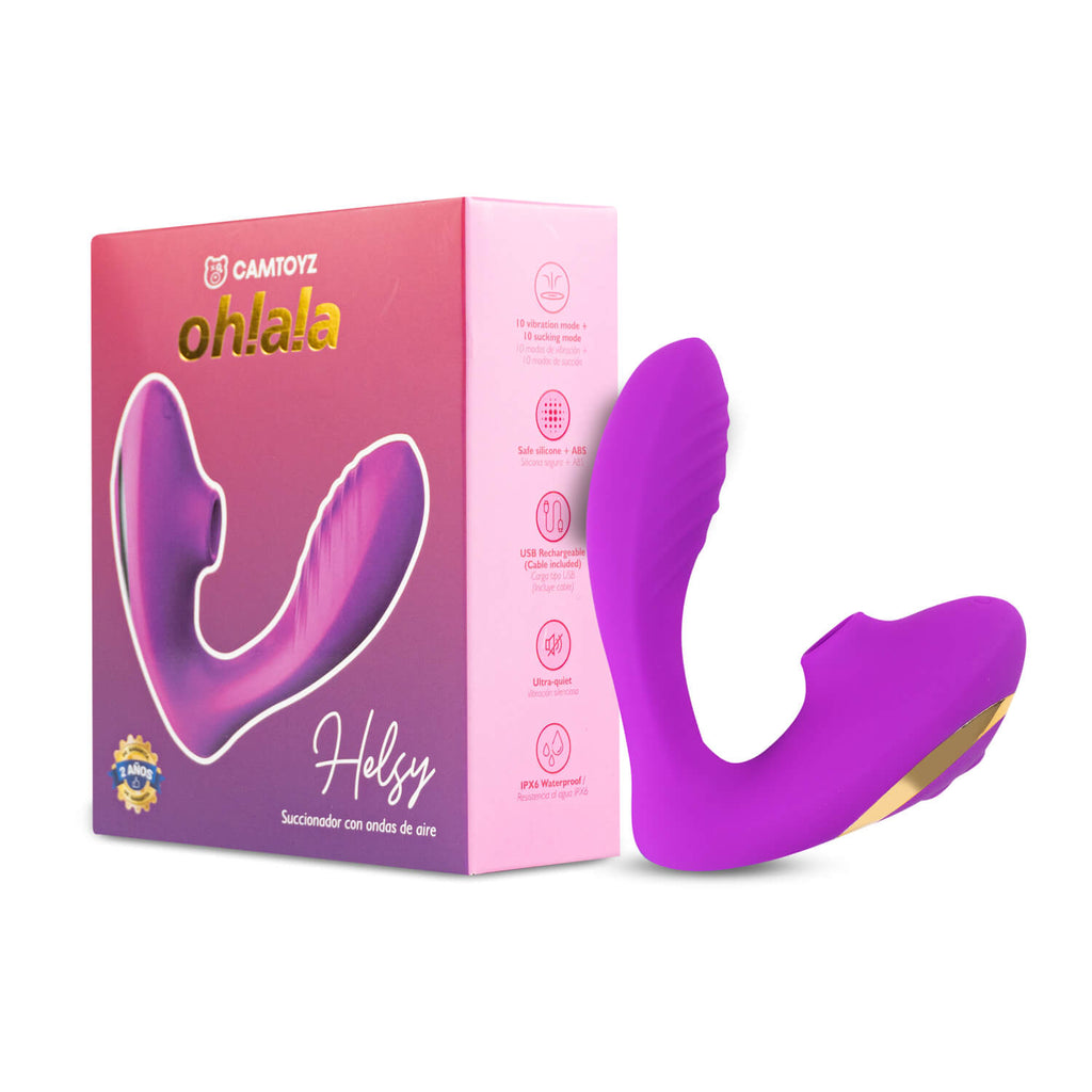 Vibrador y succionador Helsy de Distrisex, en color rosa, con diseño ergonómico y funciones ajustables para placer y estimulación.