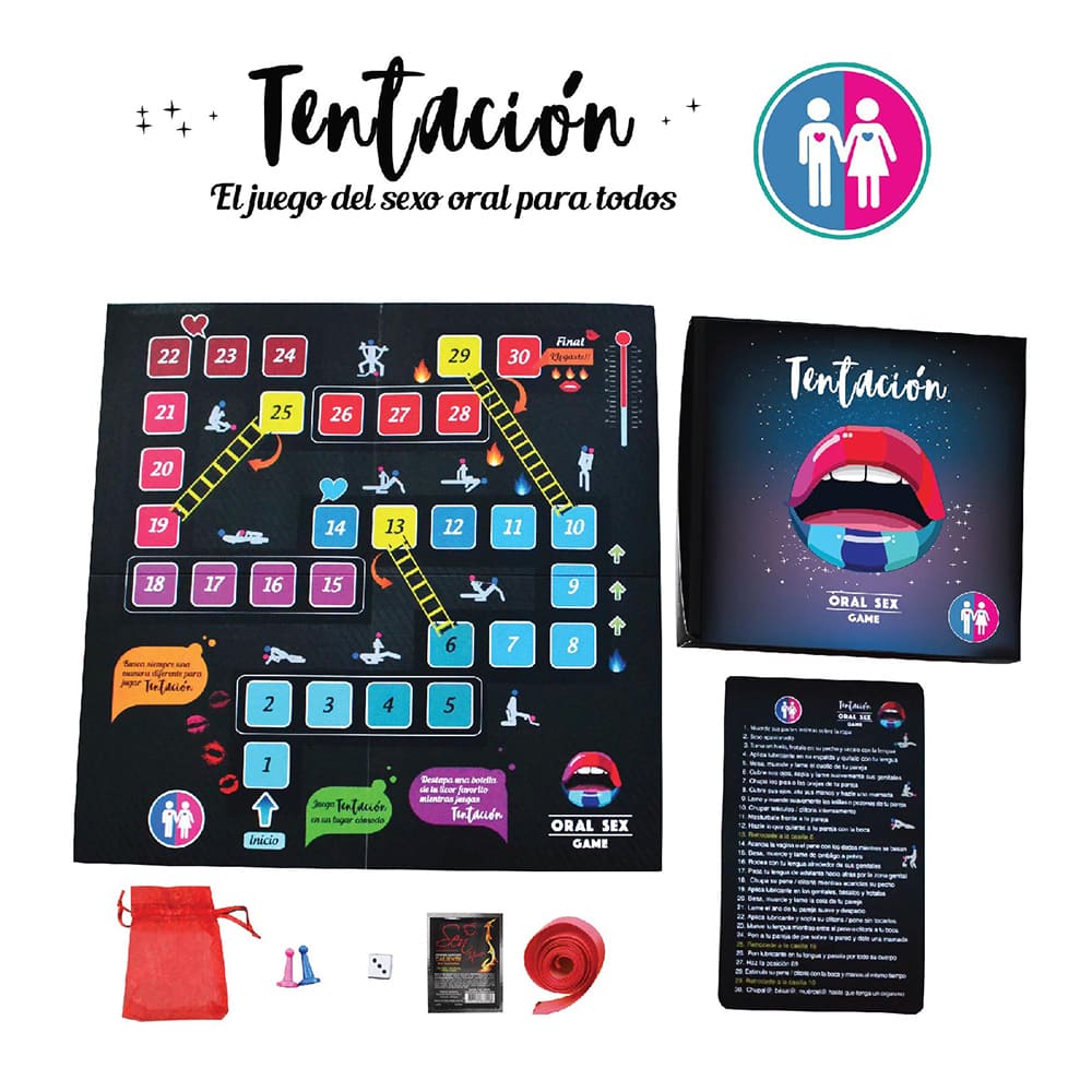 Juego erótico Tentación de Erotic Games, juego de mesa para adultos enfocado en sexo oral, con figuras y accesorios temáticos.