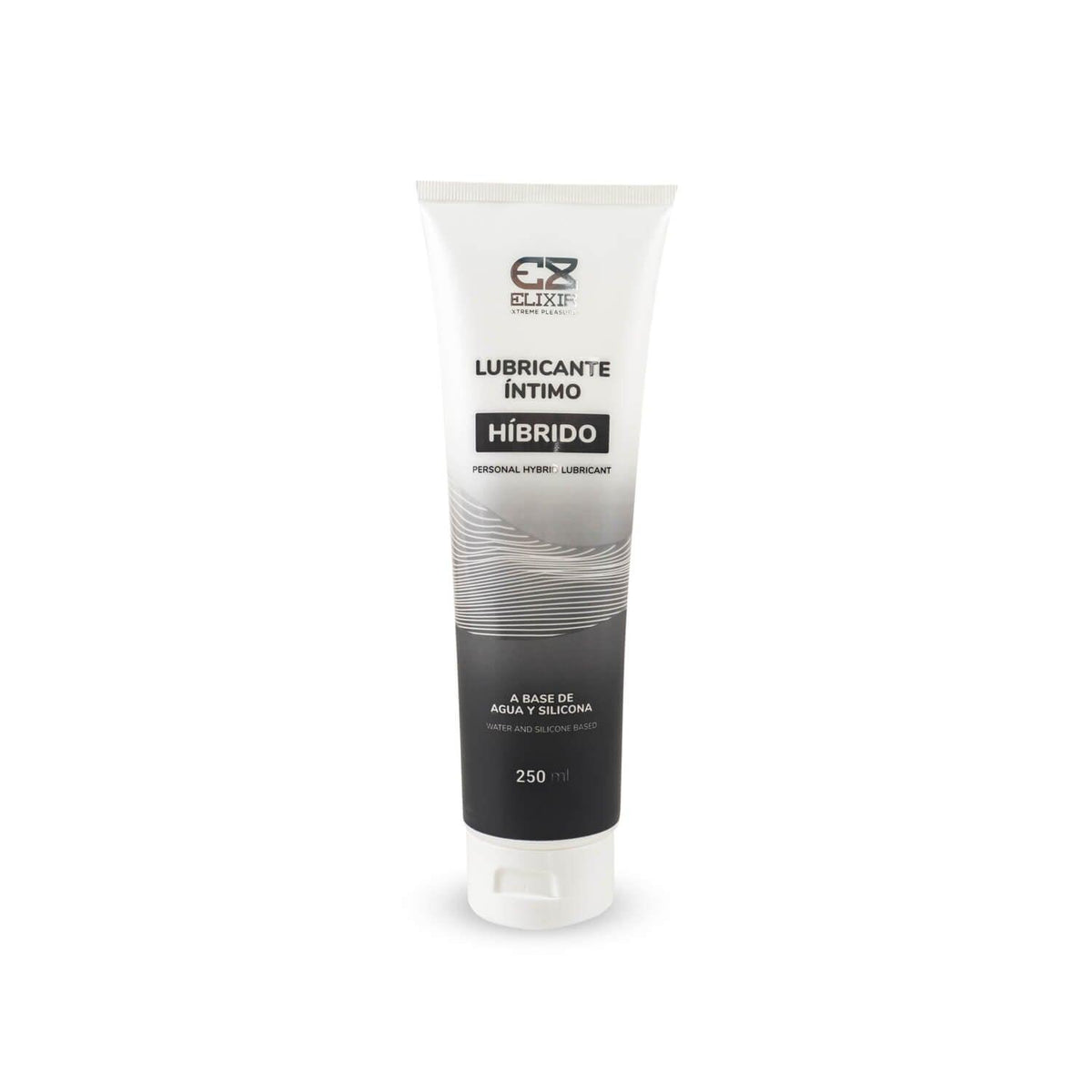 Lubricante íntimo híbrido de la marca Elixir en envase de 250 ml con textura suave y transparente.