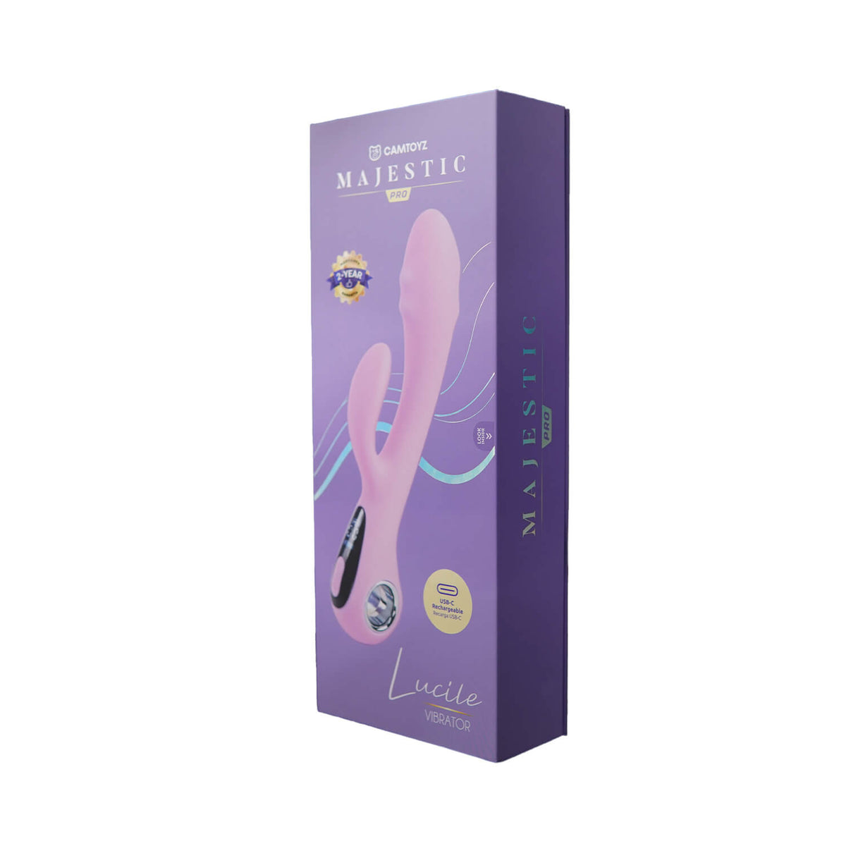 Vibrador Lucile Majestic Pro de forma de conejo de la marca Camtoyz, con detalles en color y diseño ergonómico.