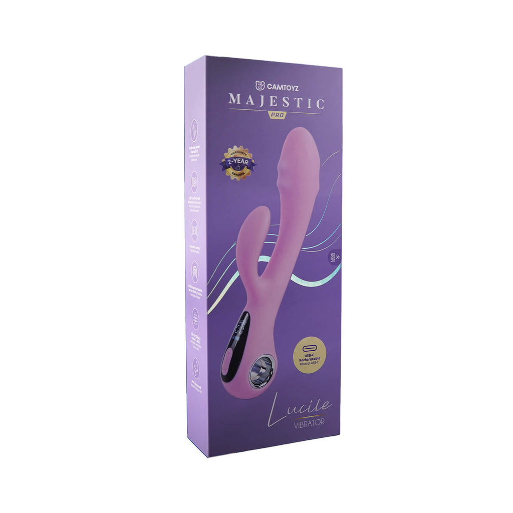 Vibrador de conejo Camtoyz Lucile Majestic Pro con diseño ergonómico y detalles realistas en color rosa.