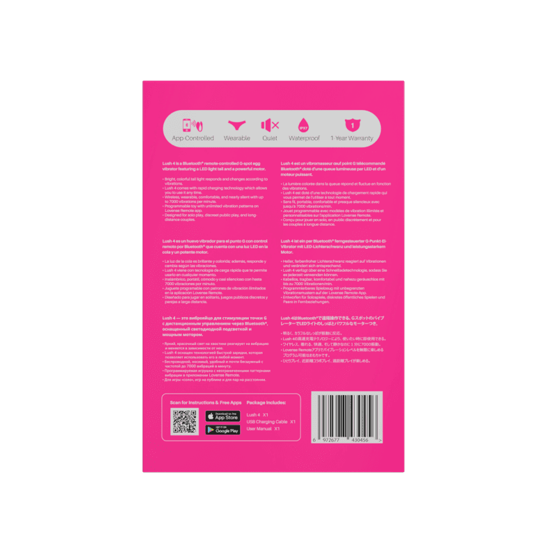 Vibrador Lovense Lush 4 en su caja, con diseño compacto y elegante, ideal para uso personal y control remoto.
